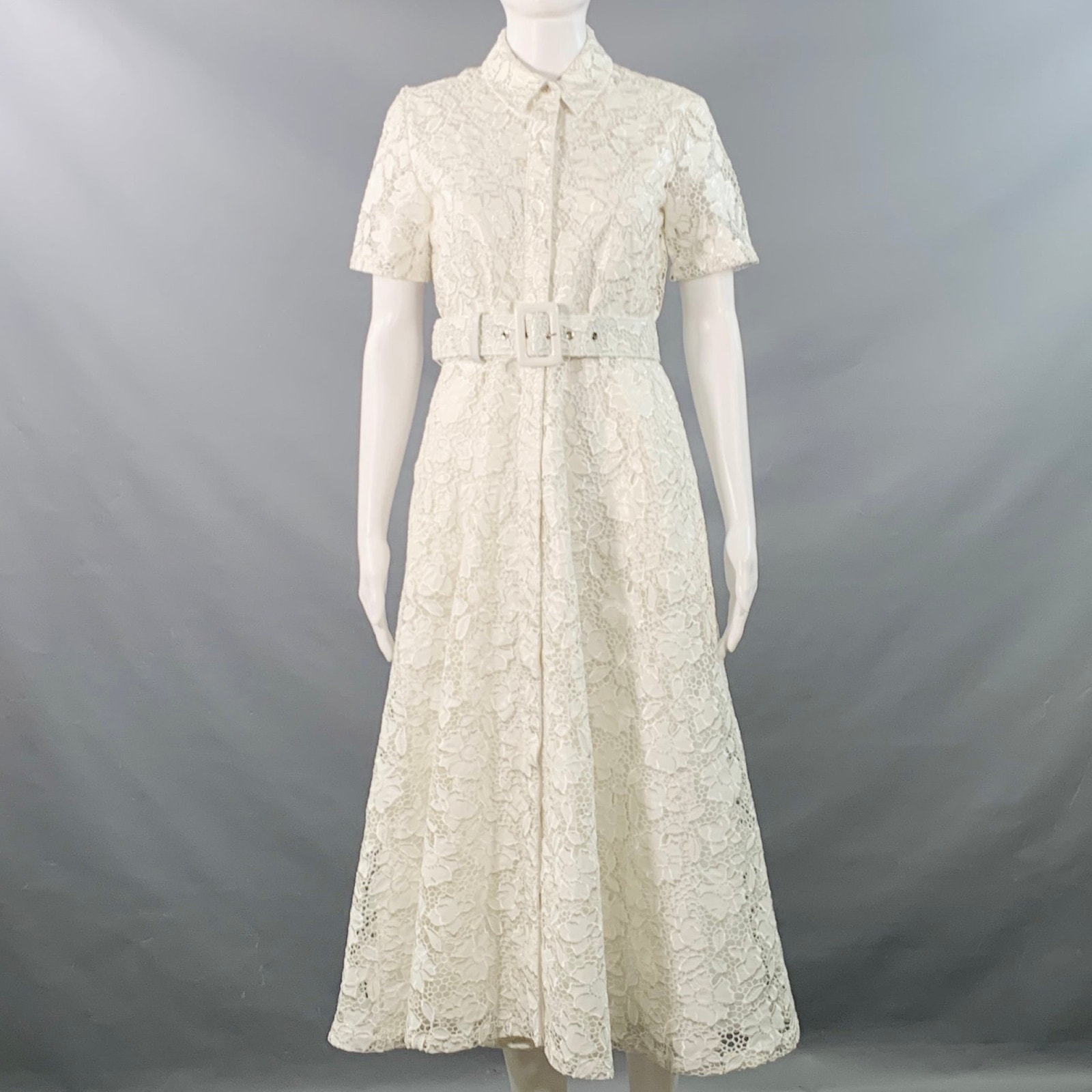Toccin(Ny) Size 2 Ivory Polyester Lace A-Line Belted Shirt Dress